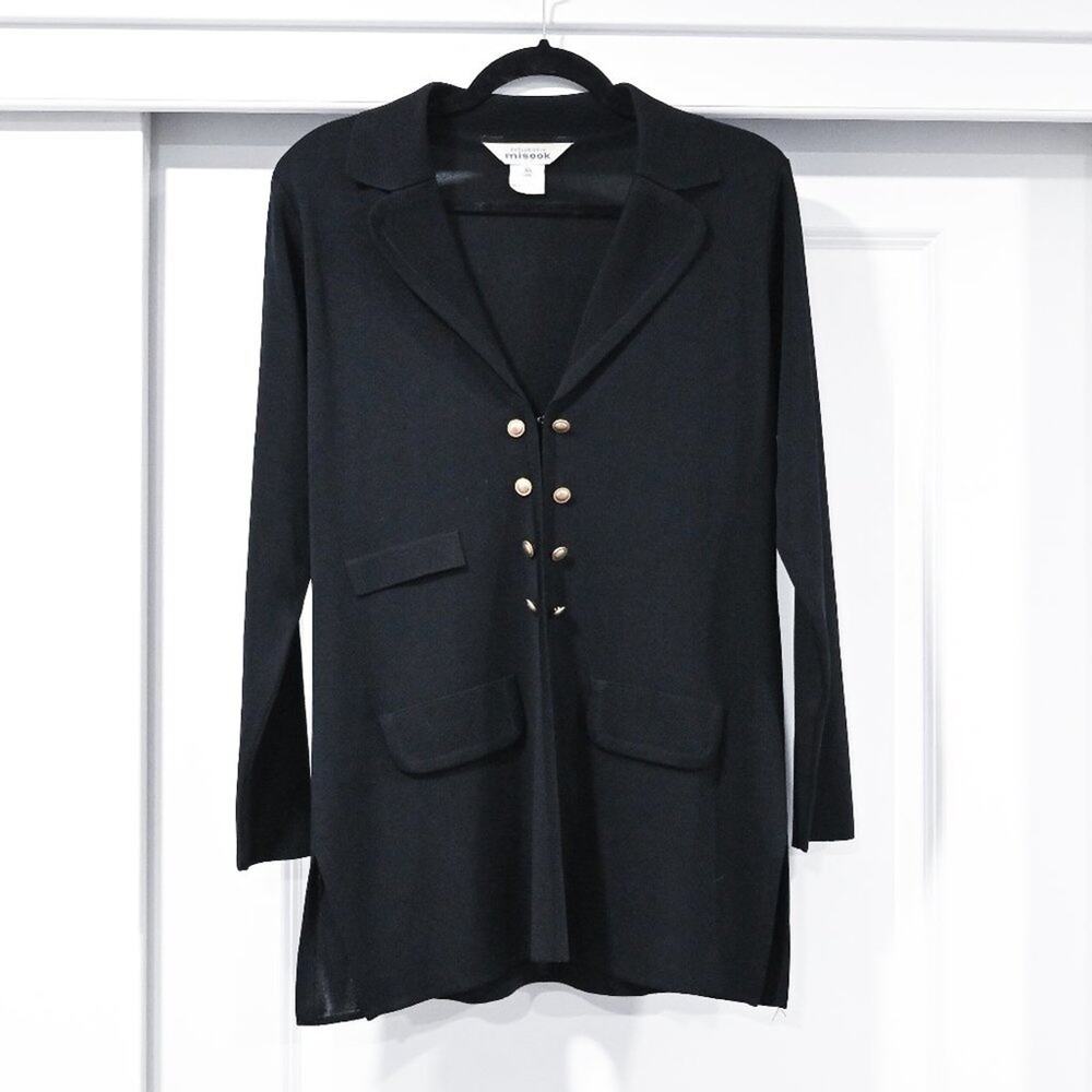 Misook Size XS Open Front Classic Black Collared Cardigan with Fold Buttons | XS